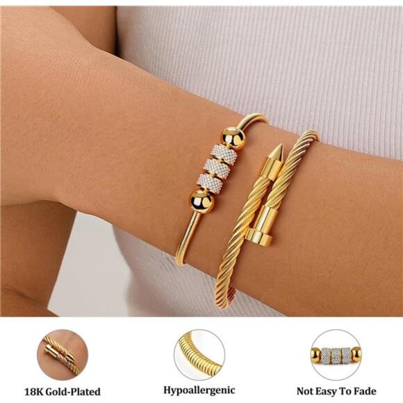18K Gold Plated Nail Bracelet Set, Adjustable Stackable Bangles for Women 2 Pcs. - Picture 4 of 7